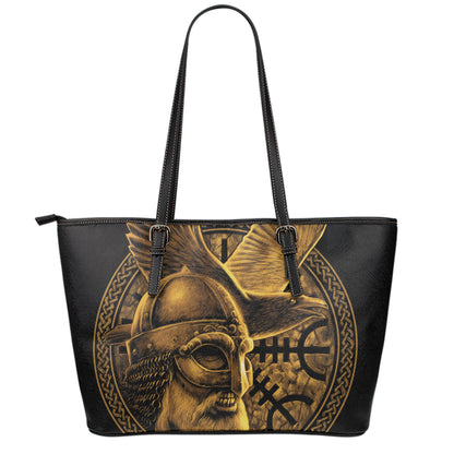 Gold Viking God Odin And Crow Print Leather Tote Bag