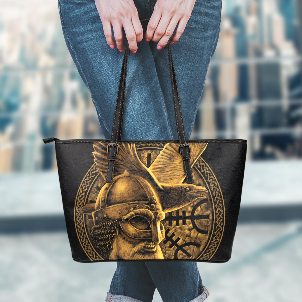 Gold Viking God Odin And Crow Print Leather Tote Bag