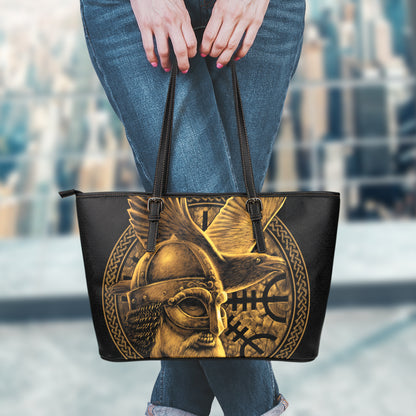 Gold Viking God Odin And Crow Print Leather Tote Bag