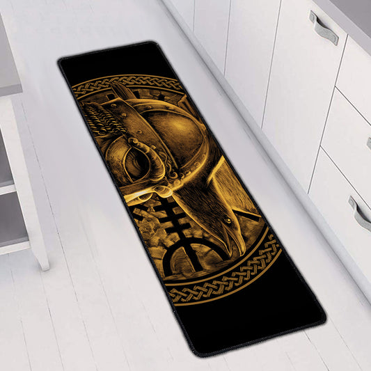 Gold Viking God Odin And Crow Print Long Kitchen Mat