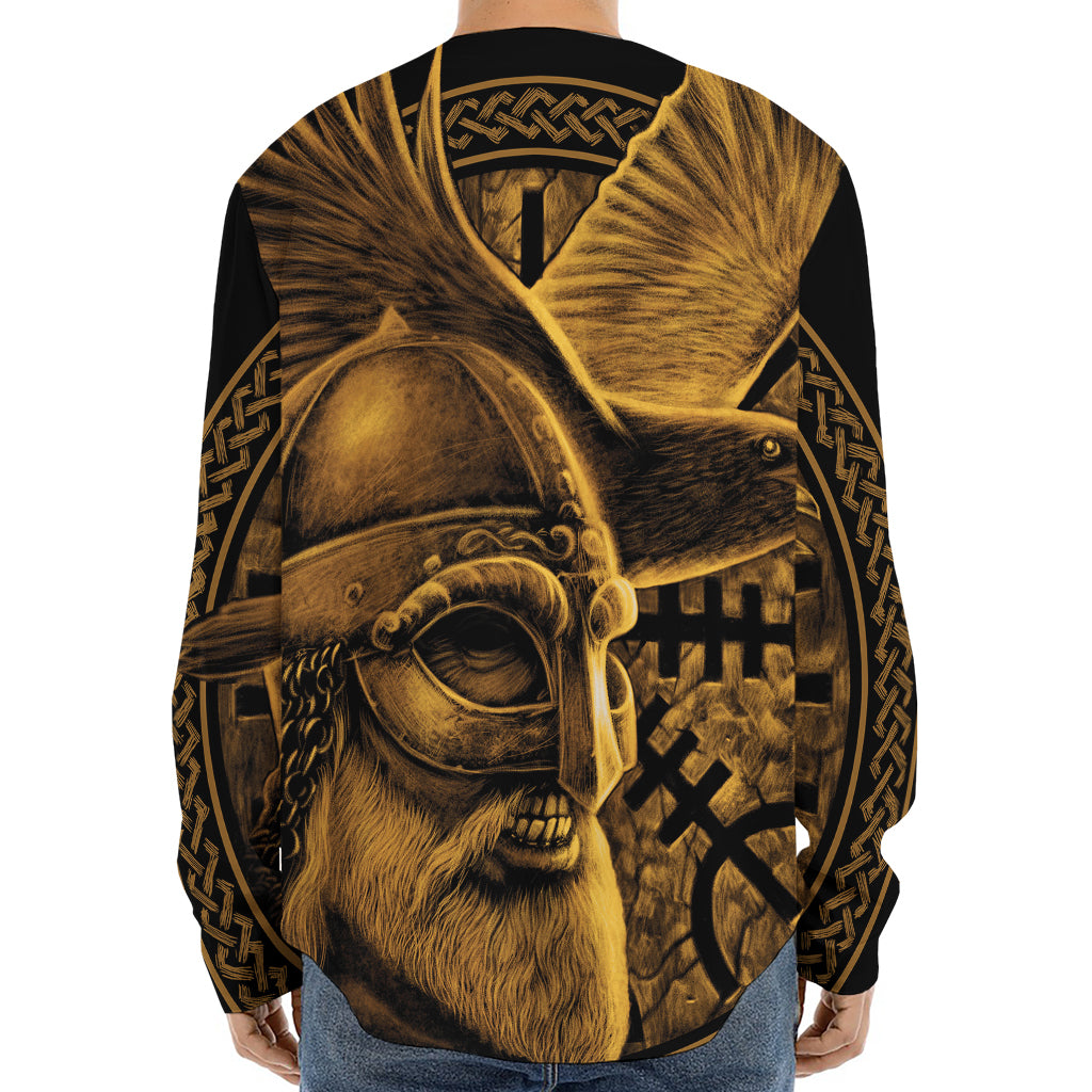 Gold Viking God Odin And Crow Print Long Sleeve Baseball Jersey