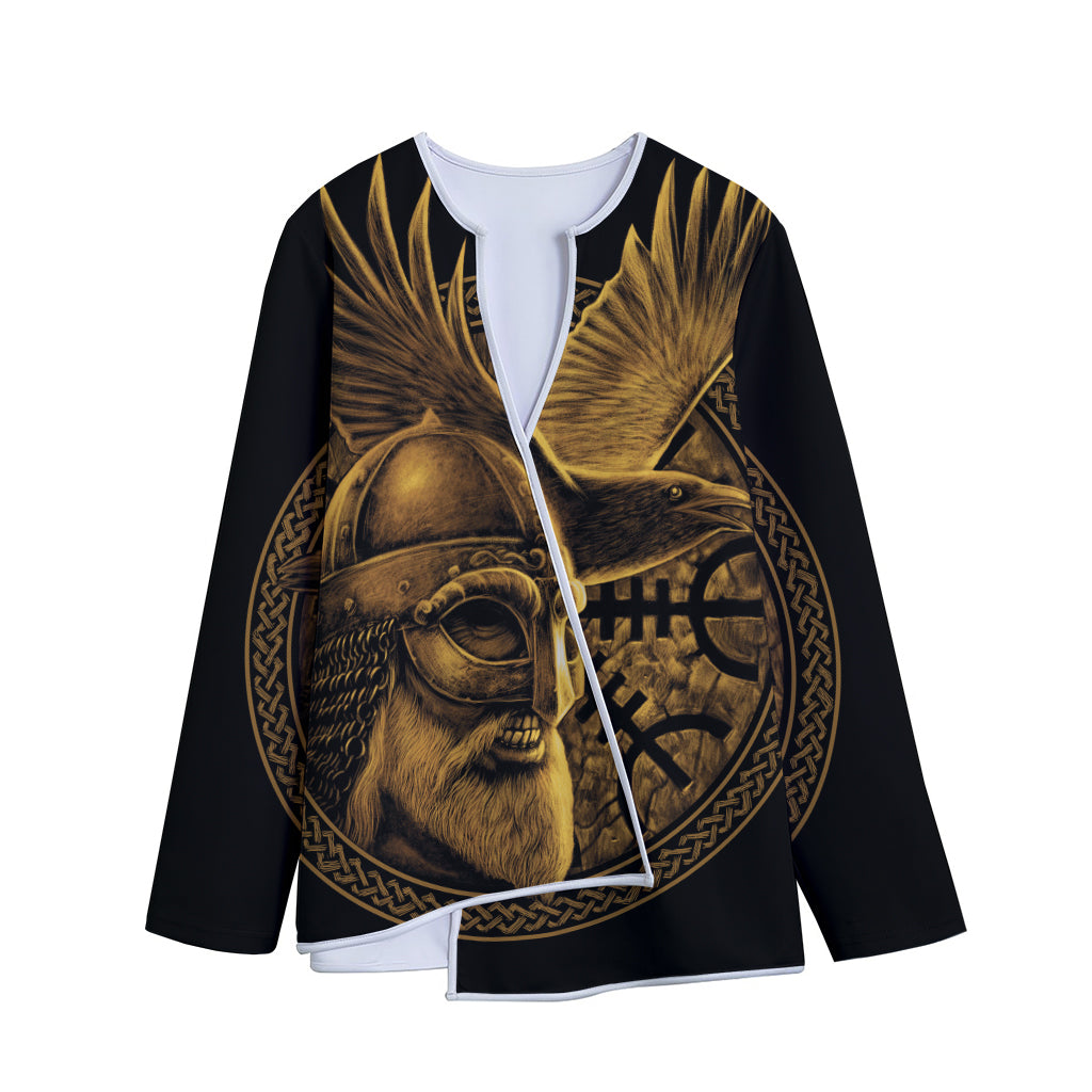 Gold Viking God Odin And Crow Print Long Sleeve Short Coat