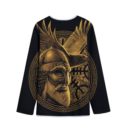 Gold Viking God Odin And Crow Print Long Sleeve Short Coat