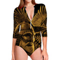 Gold Viking God Odin And Crow Print Long Sleeve Swimsuit