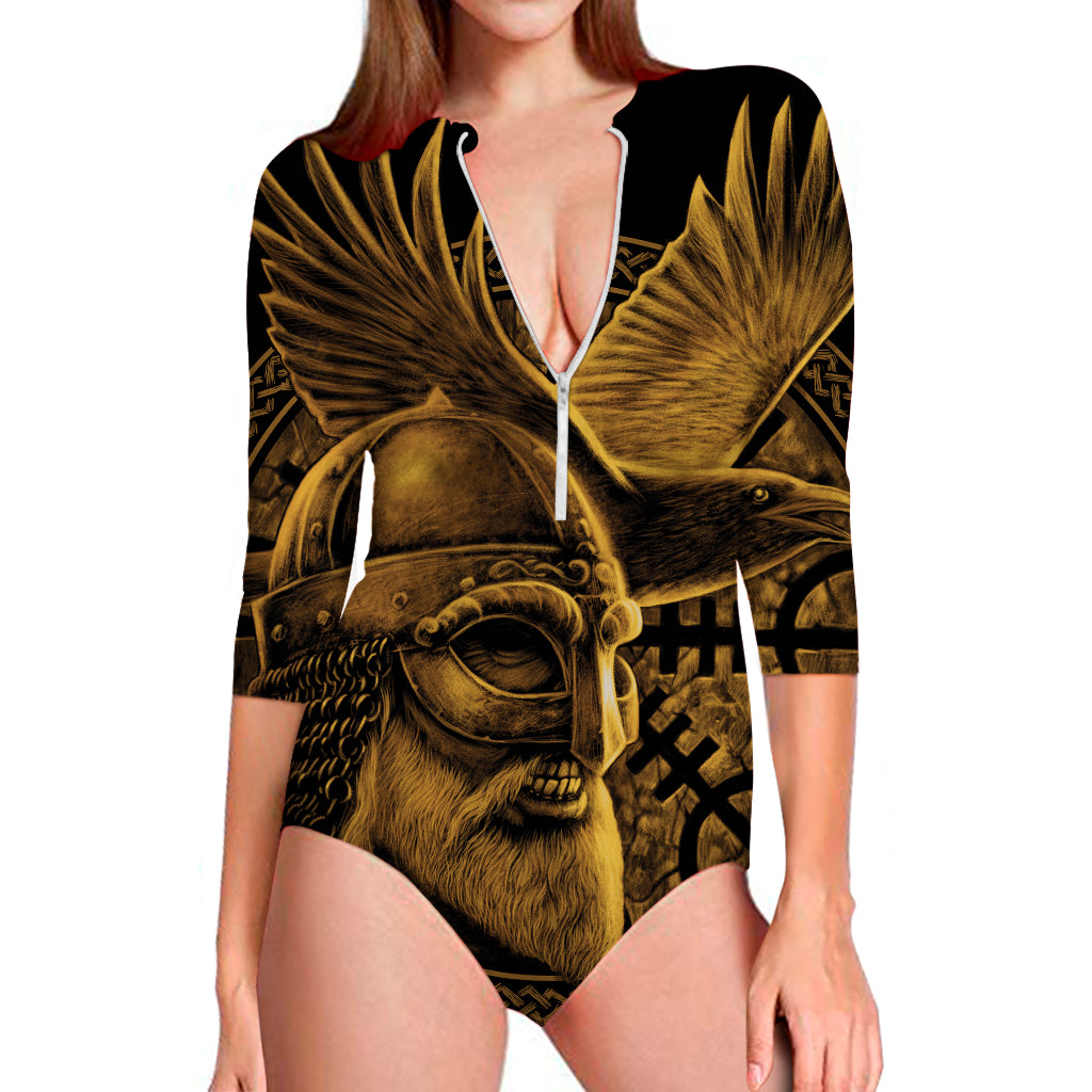 Gold Viking God Odin And Crow Print Long Sleeve Swimsuit