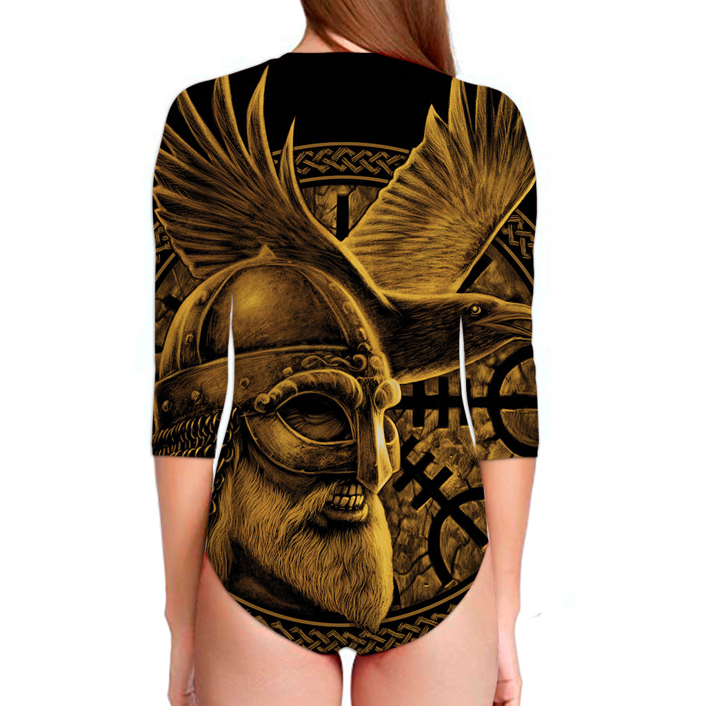 Gold Viking God Odin And Crow Print Long Sleeve Swimsuit
