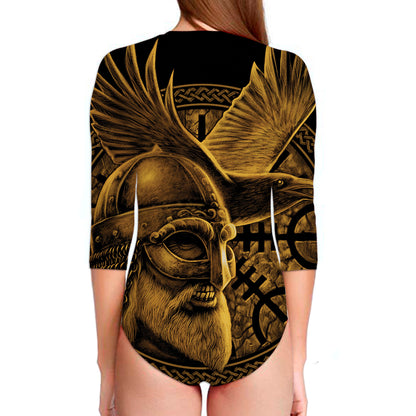 Gold Viking God Odin And Crow Print Long Sleeve Swimsuit