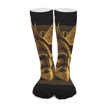 Gold Viking God Odin And Crow Print Long Socks