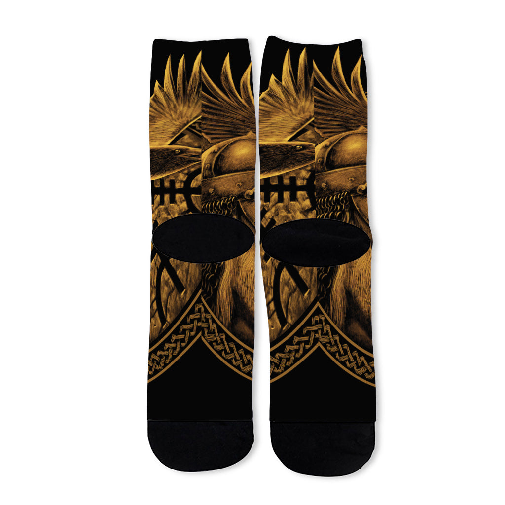 Gold Viking God Odin And Crow Print Long Socks
