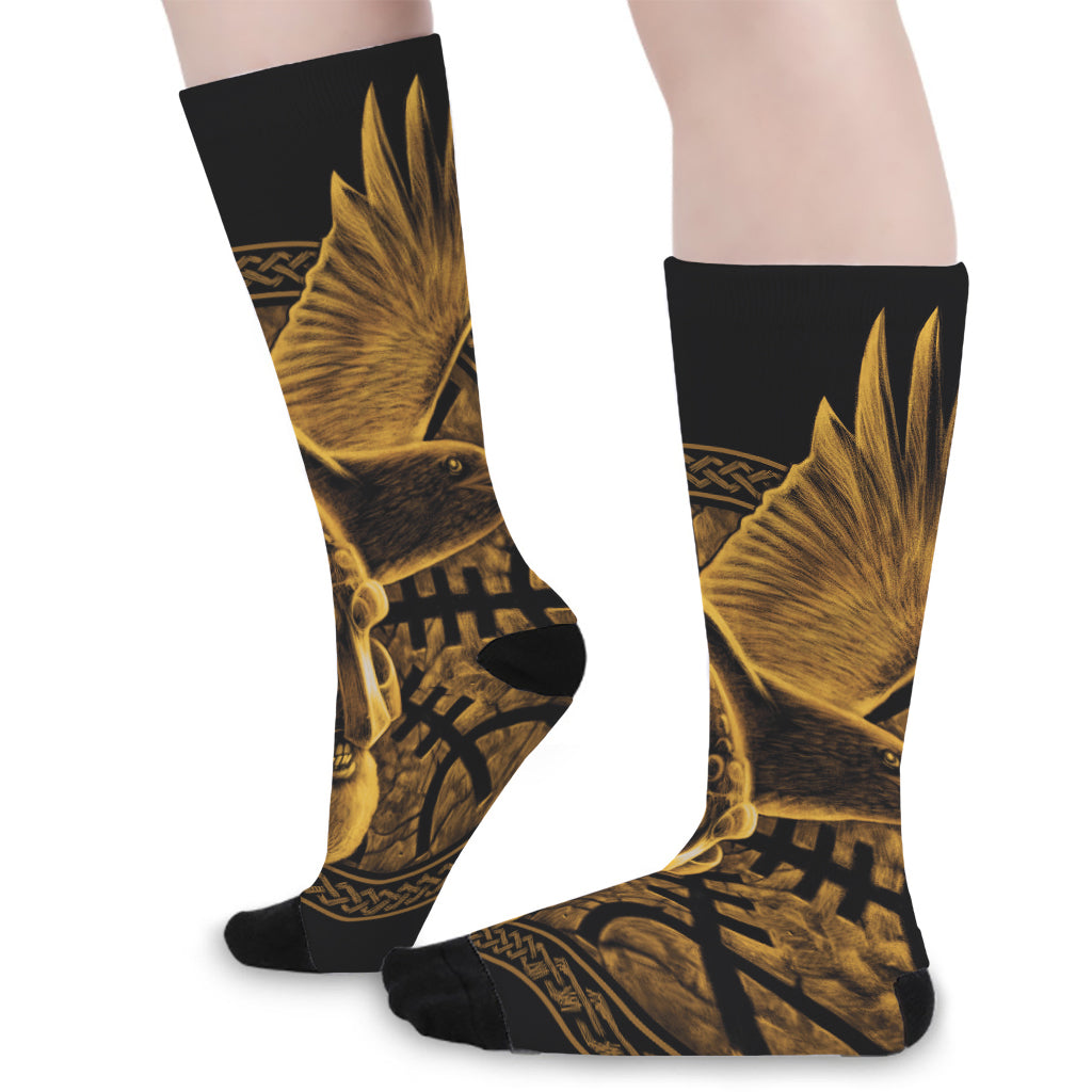 Gold Viking God Odin And Crow Print Long Socks