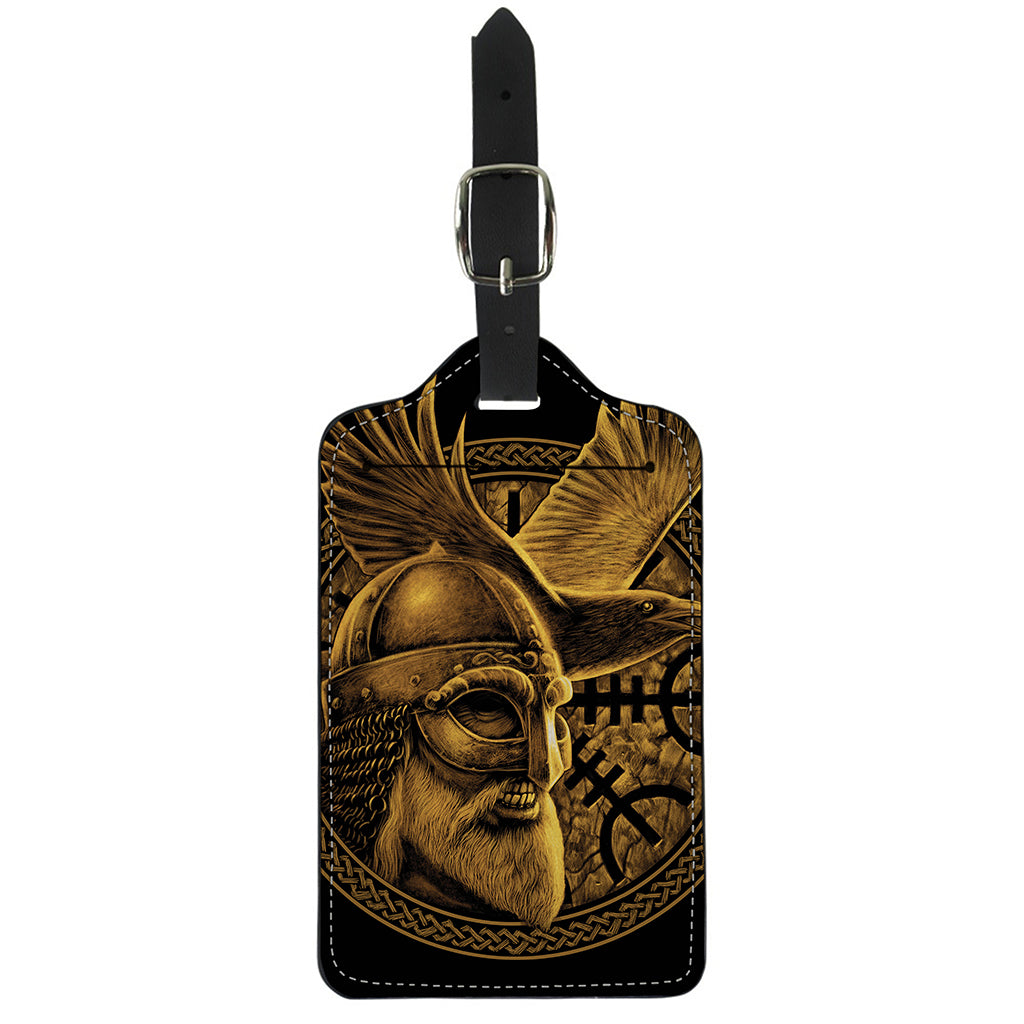 Gold Viking God Odin And Crow Print Luggage Tag
