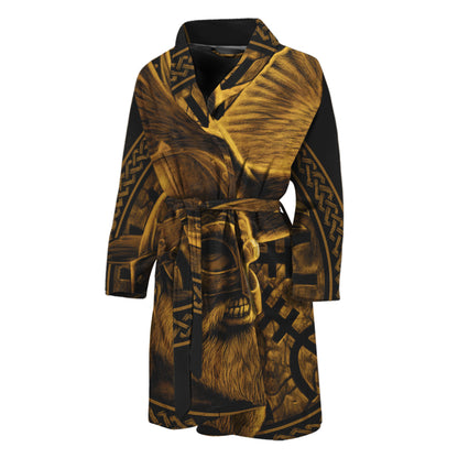 Gold Viking God Odin And Crow Print Men's Bathrobe