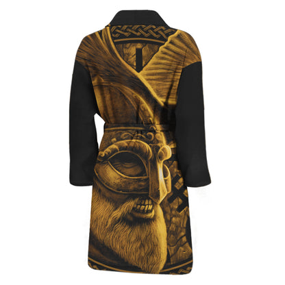 Gold Viking God Odin And Crow Print Men's Bathrobe