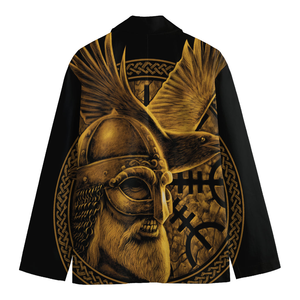 Gold Viking God Odin And Crow Print Men's Blazer