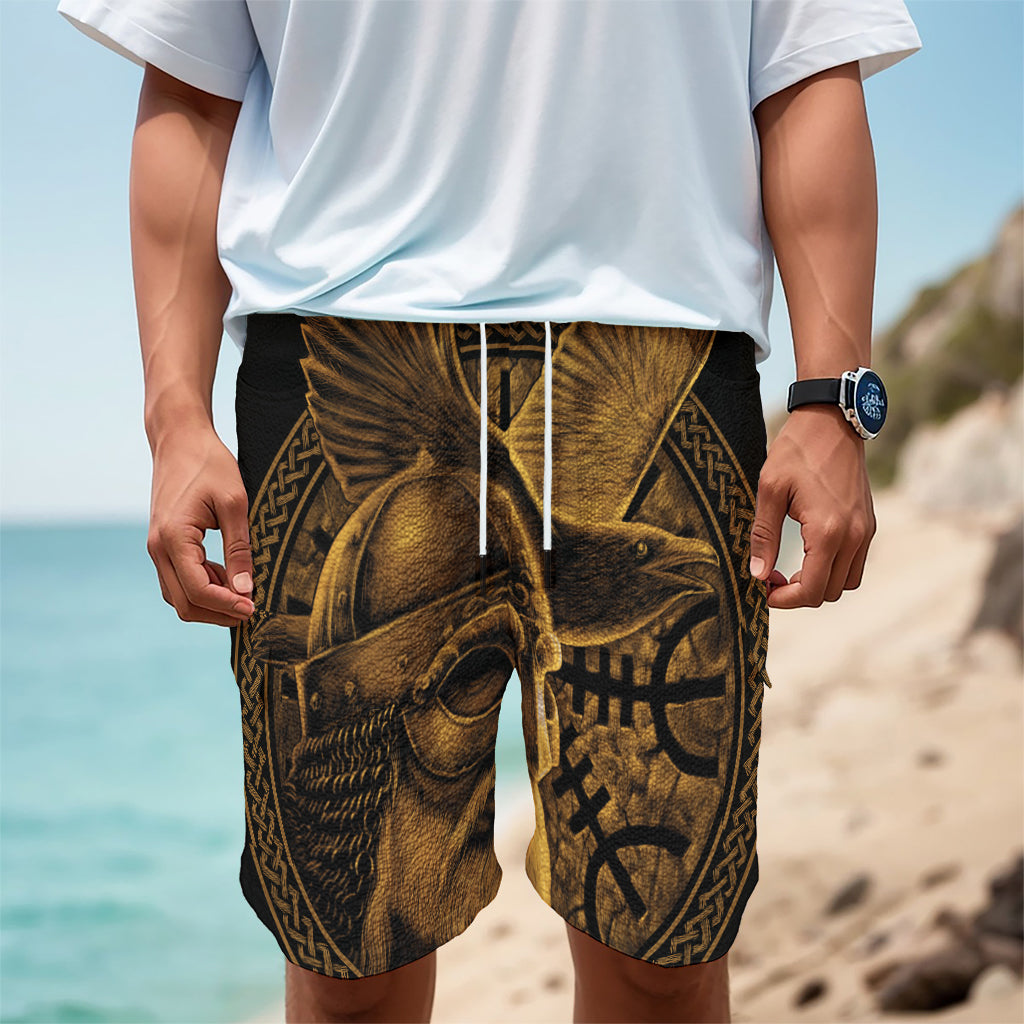Gold Viking God Odin And Crow Print Men's Cargo Shorts