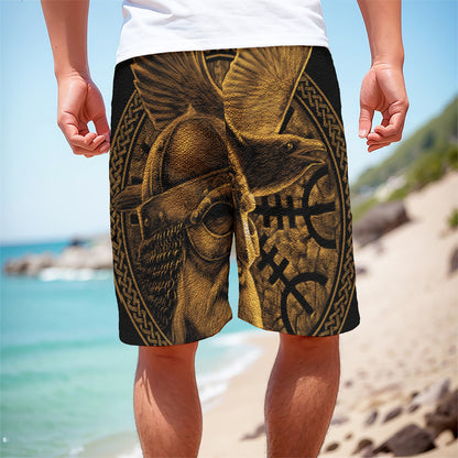 Gold Viking God Odin And Crow Print Men's Cargo Shorts