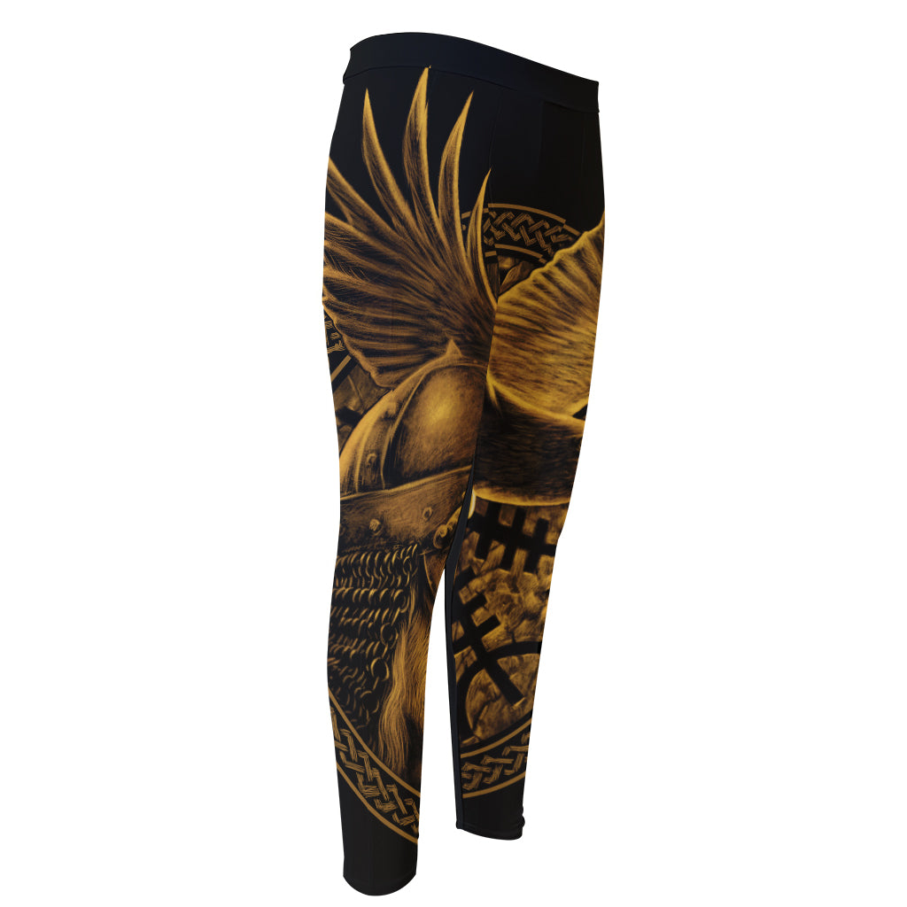 Gold Viking God Odin And Crow Print Men's Compression Pants