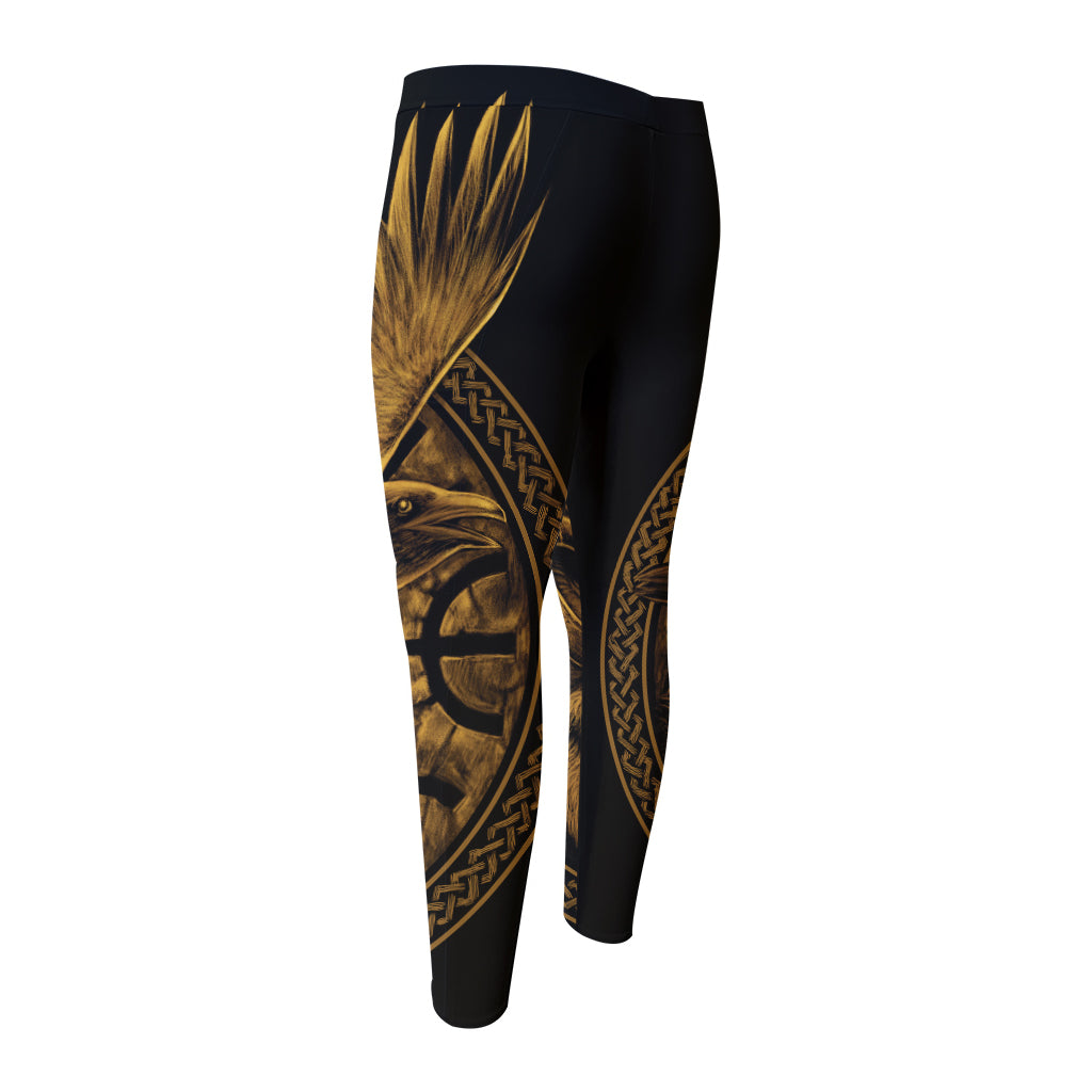 Gold Viking God Odin And Crow Print Men's Compression Pants