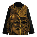 Gold Viking God Odin And Crow Print Men's Cotton Blazer