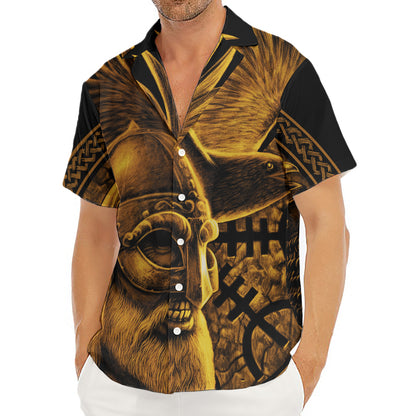 Gold Viking God Odin And Crow Print Men's Deep V-Neck Shirt