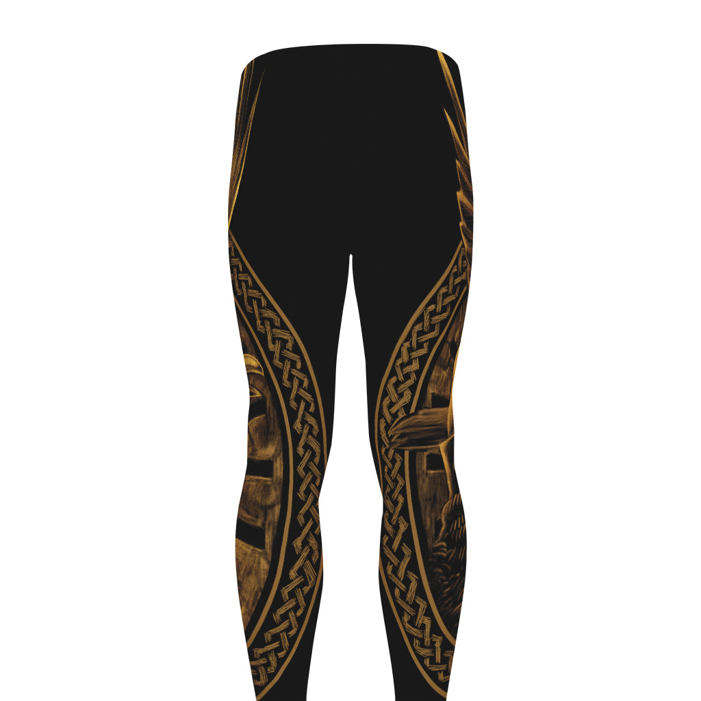 Gold Viking God Odin And Crow Print Men's leggings