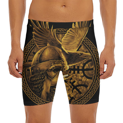 Gold Viking God Odin And Crow Print Men's Long Boxer Briefs