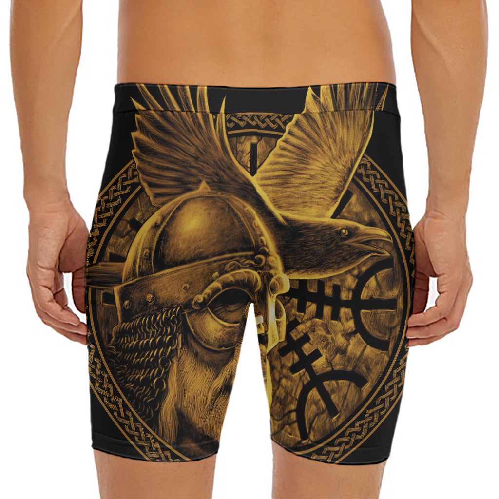 Gold Viking God Odin And Crow Print Men's Long Boxer Briefs