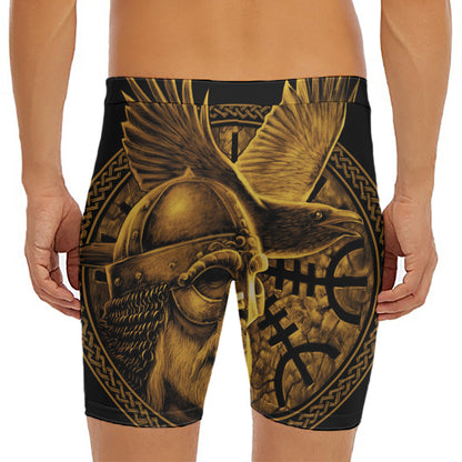 Gold Viking God Odin And Crow Print Men's Long Boxer Briefs