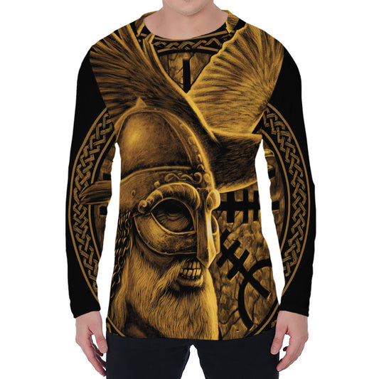 Gold Viking God Odin And Crow Print Men's Long Sleeve T-Shirt
