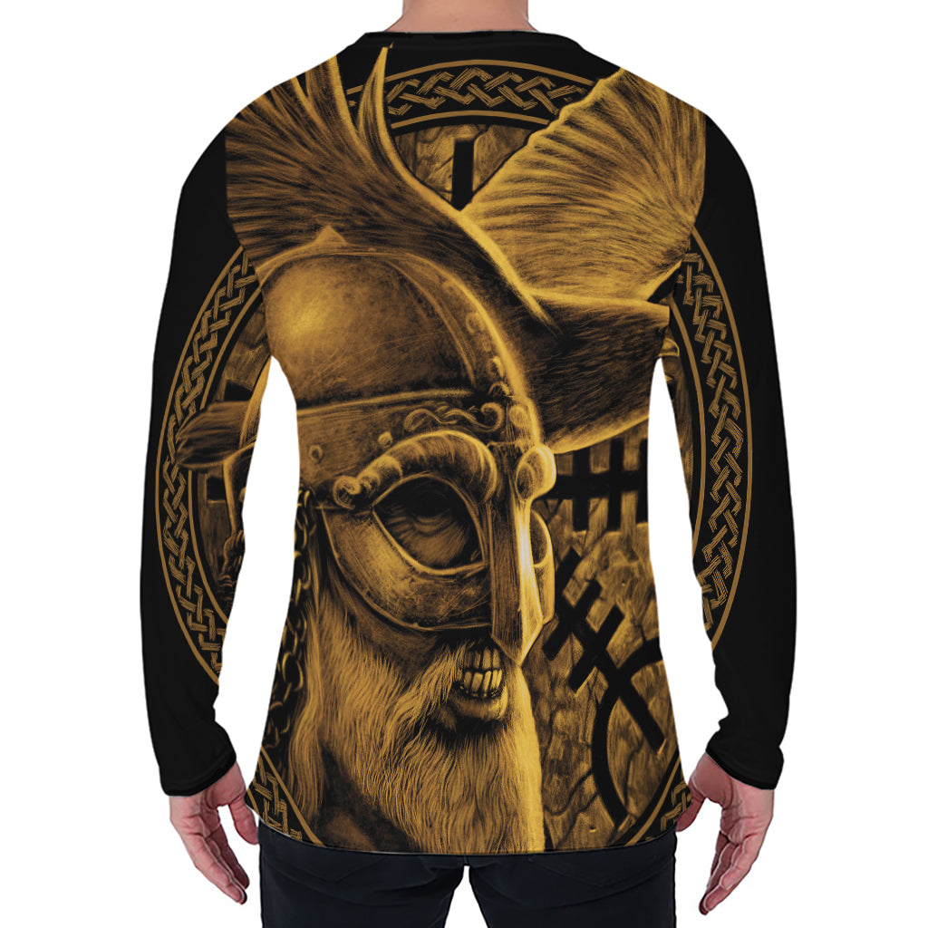 Gold Viking God Odin And Crow Print Men's Long Sleeve T-Shirt