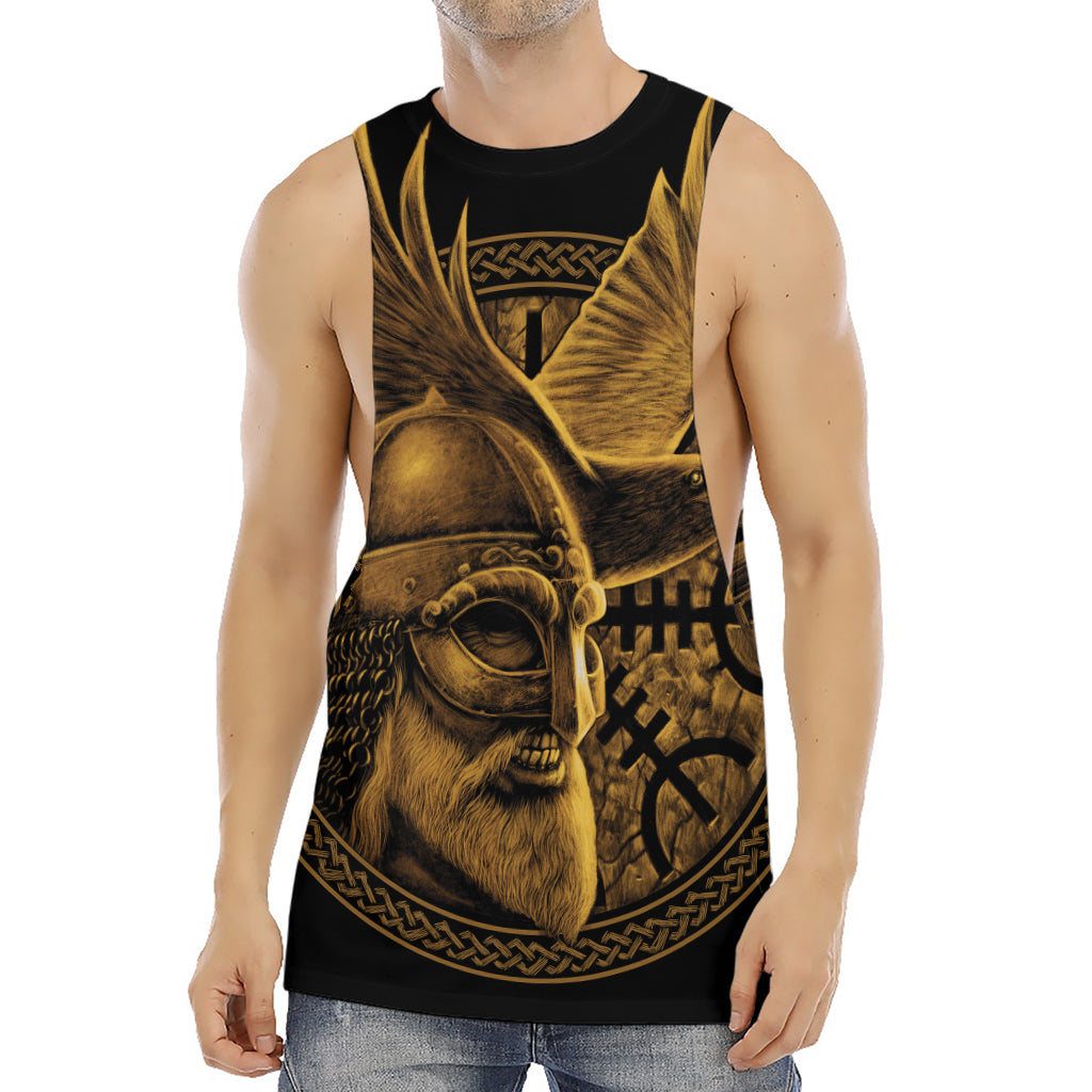 Gold Viking God Odin And Crow Print Men's Muscle Tank Top