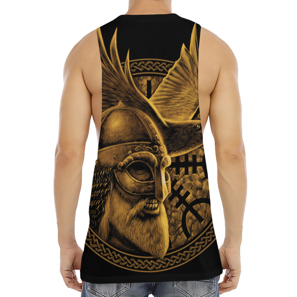 Gold Viking God Odin And Crow Print Men's Muscle Tank Top