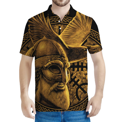 Gold Viking God Odin And Crow Print Men's Polo Shirt