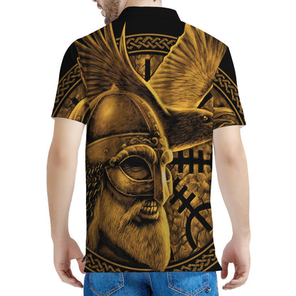 Gold Viking God Odin And Crow Print Men's Polo Shirt