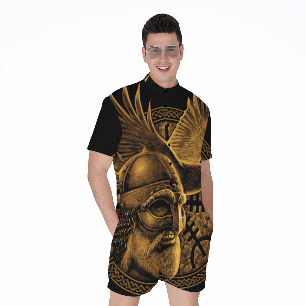 Gold Viking God Odin And Crow Print Men's Rompers