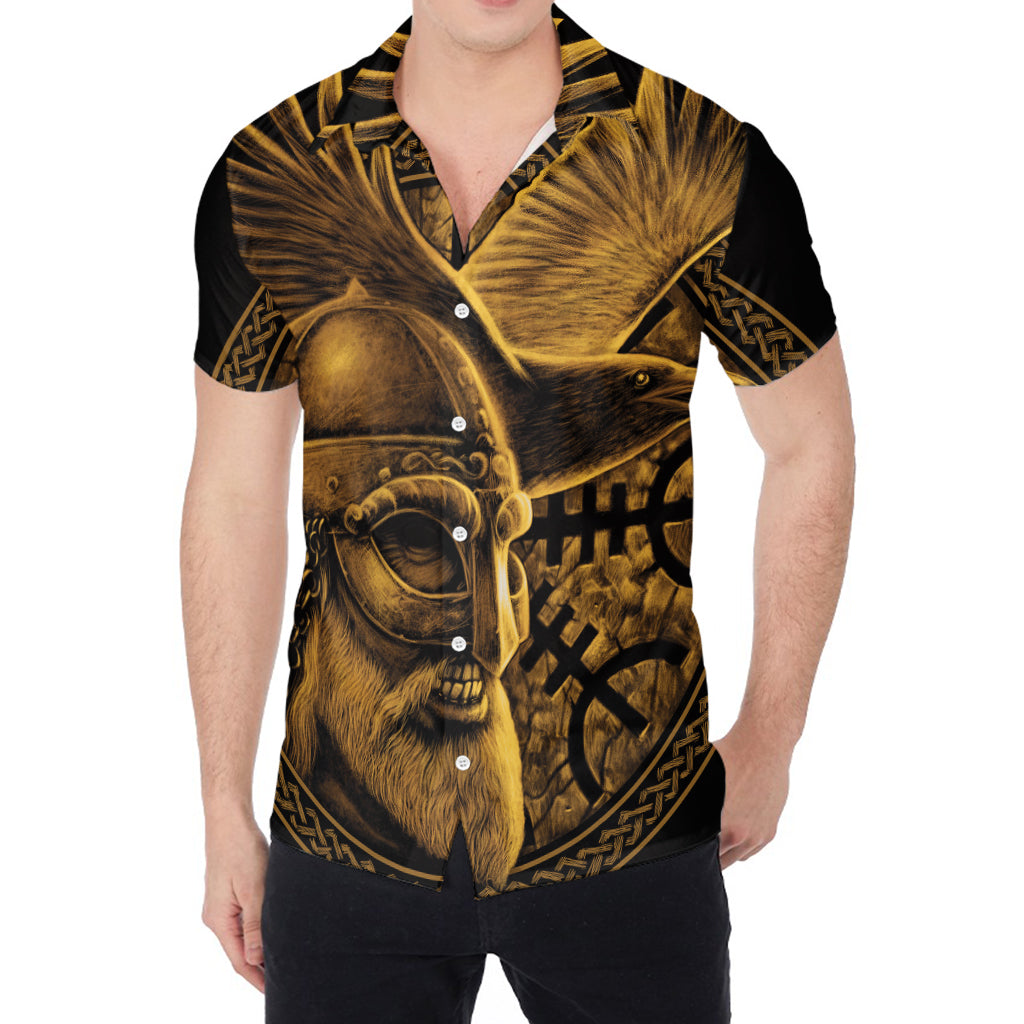 Gold Viking God Odin And Crow Print Men's Shirt