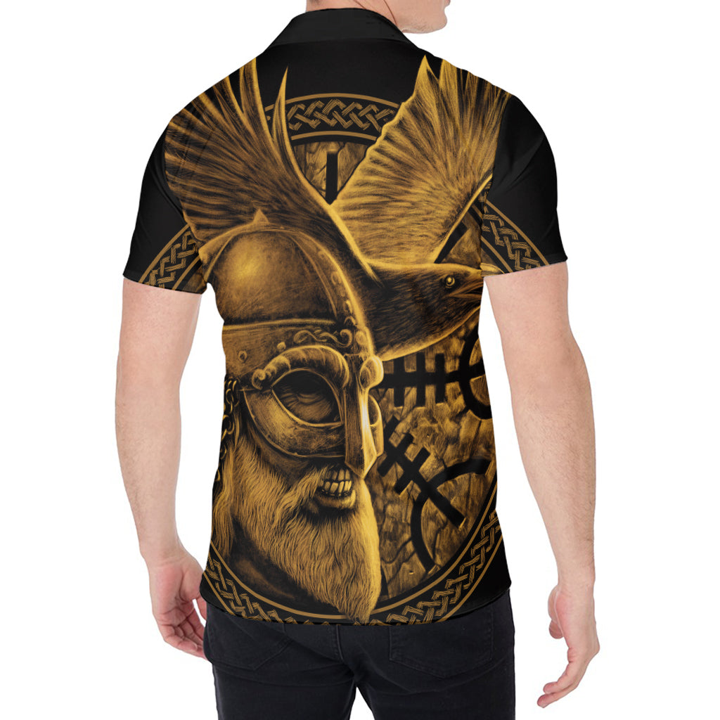 Gold Viking God Odin And Crow Print Men's Shirt