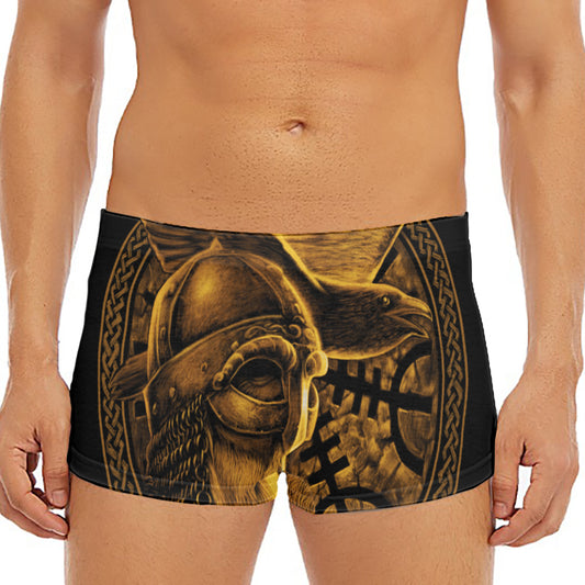 Gold Viking God Odin And Crow Print Men's Short Boxer Briefs
