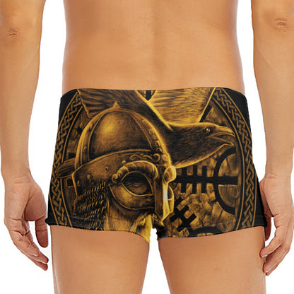 Gold Viking God Odin And Crow Print Men's Short Boxer Briefs
