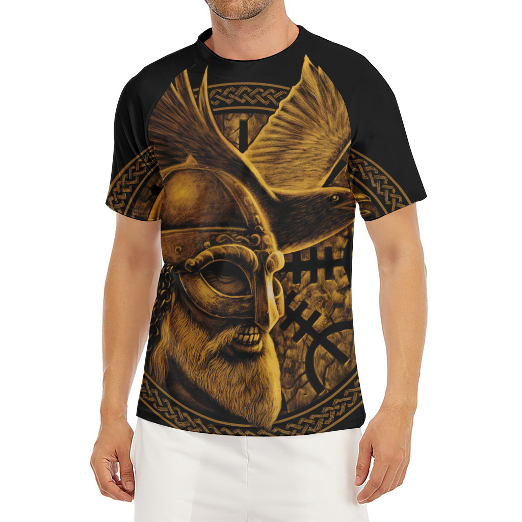 Gold Viking God Odin And Crow Print Men's Short Sleeve Rash Guard