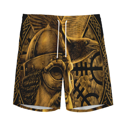 Gold Viking God Odin And Crow Print Men's Sports Shorts