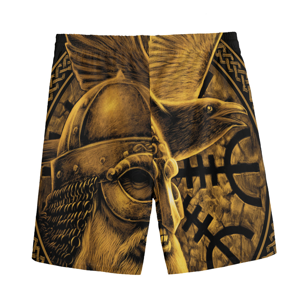 Gold Viking God Odin And Crow Print Men's Sports Shorts