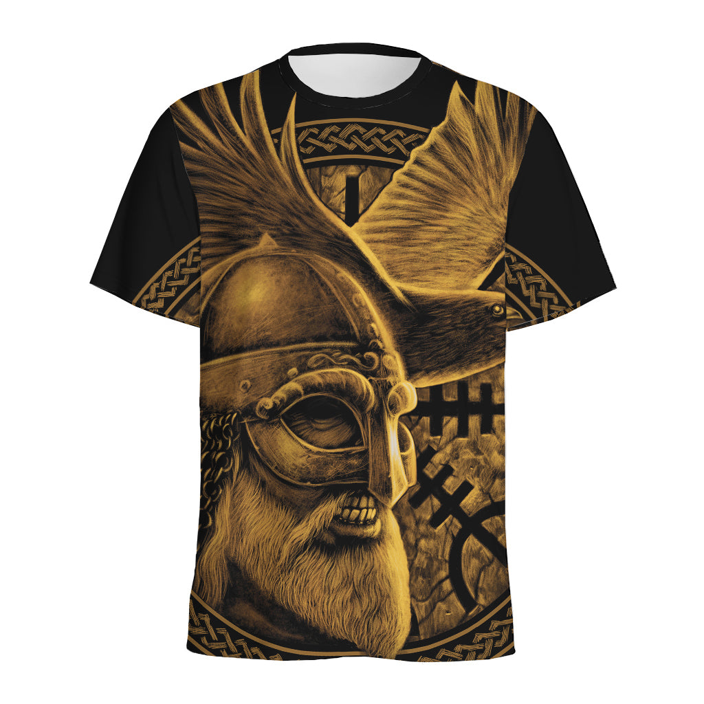 Gold Viking God Odin And Crow Print Men's Sports T-Shirt