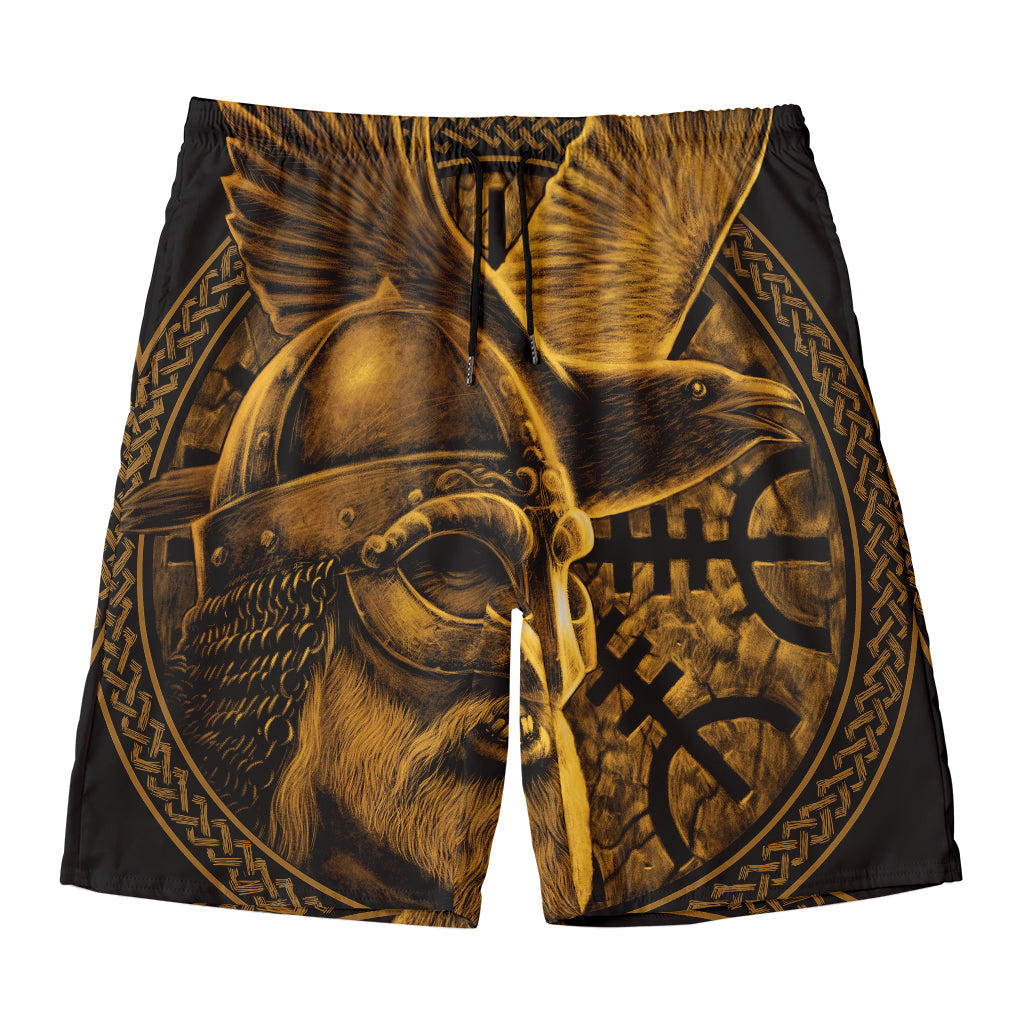 Gold Viking God Odin And Crow Print Men's Swim Trunks
