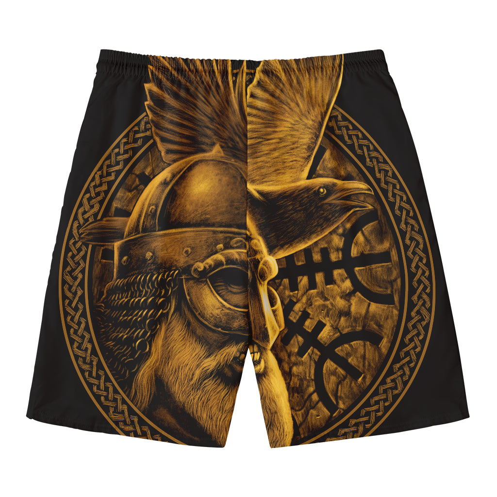 Gold Viking God Odin And Crow Print Men's Swim Trunks