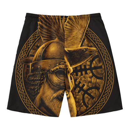 Gold Viking God Odin And Crow Print Men's Swim Trunks