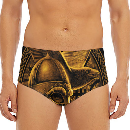 Gold Viking God Odin And Crow Print Men's Triangle Swim Briefs