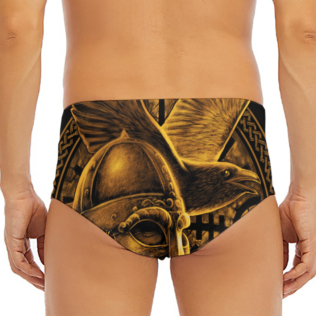 Gold Viking God Odin And Crow Print Men's Triangle Swim Briefs