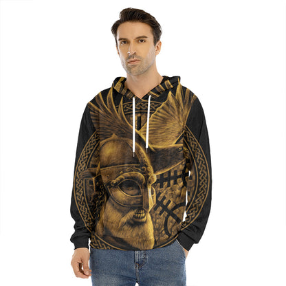 Gold Viking God Odin And Crow Print Men's Velvet Pullover Hoodie