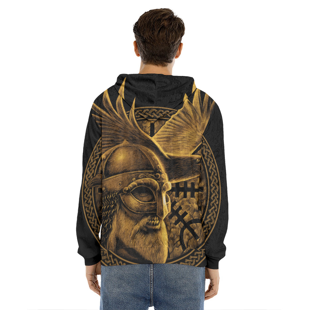 Gold Viking God Odin And Crow Print Men's Velvet Pullover Hoodie